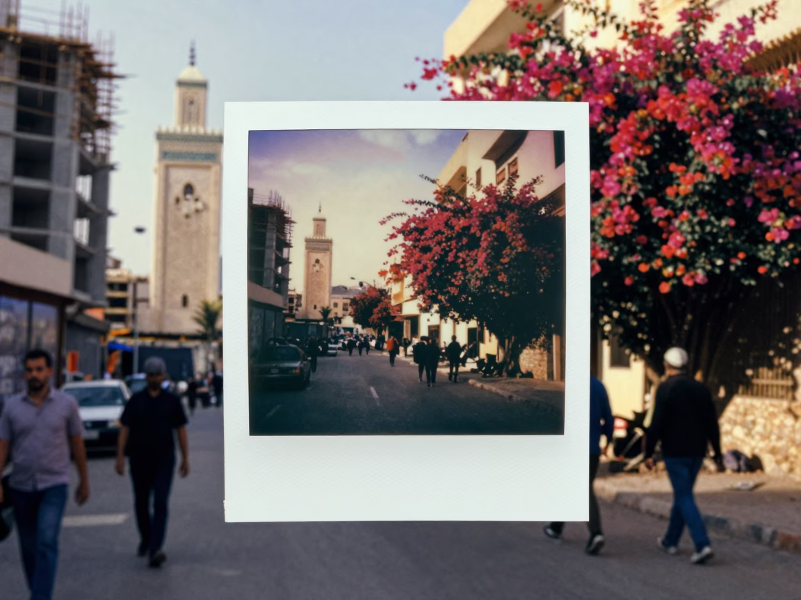 Casablanca Morocco Late Afternoon Street Scene with Bougainvillea and Construction in in Casablanca, Morocco