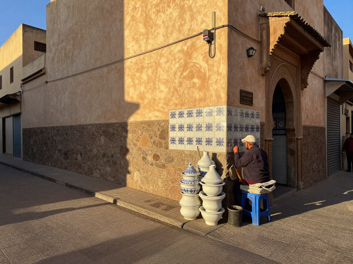 Casablanca Morocco Late Afternoon Street Scene with Ceramic Tiles and Coffee Cup in in Casablanca, Morocco