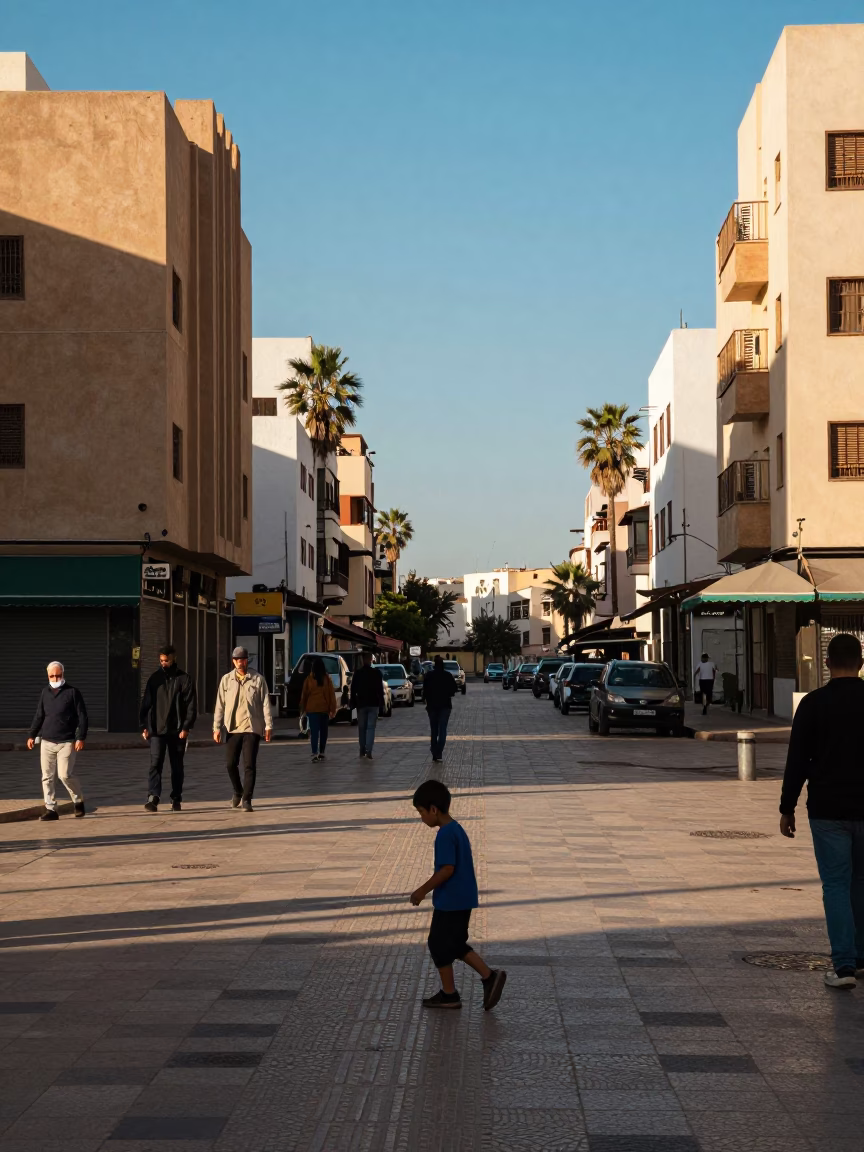 Casablanca Morocco Late Afternoon Street Scene with Child Playing and Local Architecture in in Casablanca, Morocco