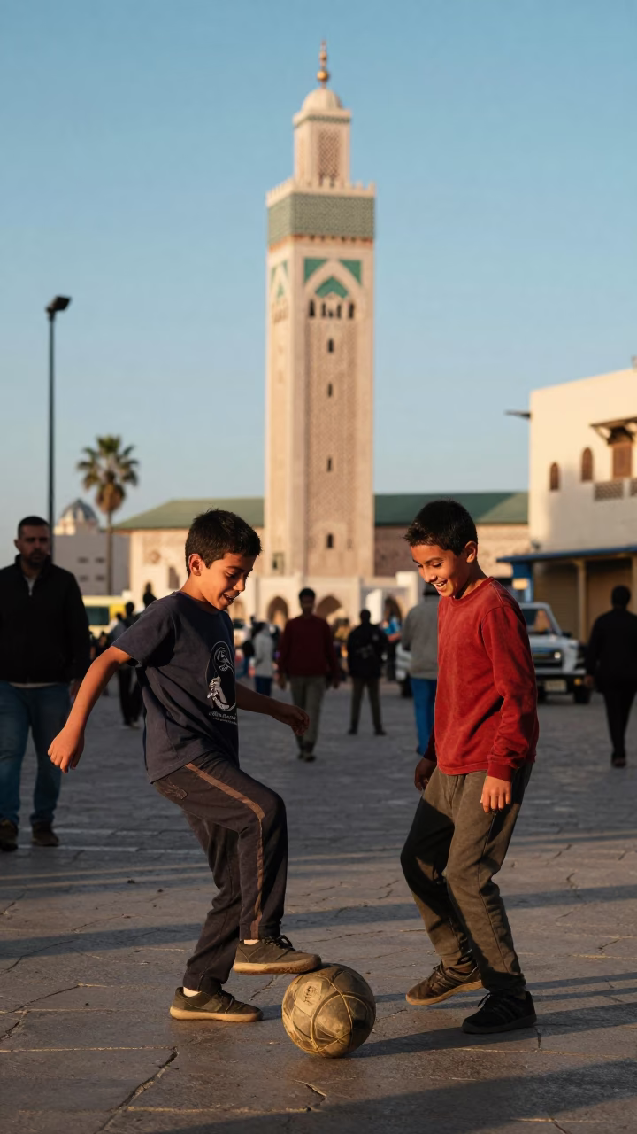 Casablanca Morocco Late Afternoon Street Scene with Children Playing and Colorful Architecture in in Casablanca, Morocco