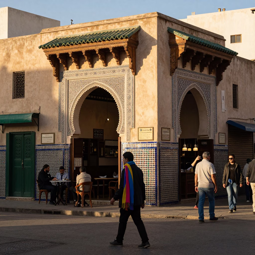 Casablanca Morocco Late Afternoon Street Scene with Colorful Scarf and Spindle Chair Detail in in Casablanca, Morocco