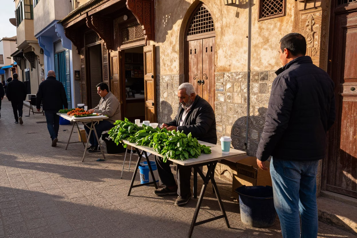 Casablanca Morocco Late Afternoon Street Scene with Folding Tables and Local Life in in Casablanca, Morocco