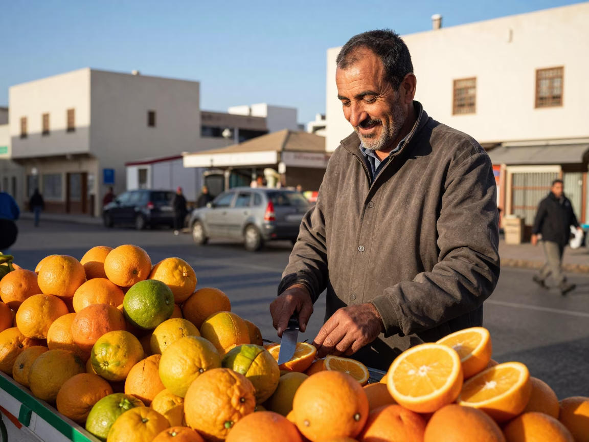 Casablanca Morocco Late Afternoon Street Scene with Fruit Knife and Porcelain Jar in in Casablanca, Morocco