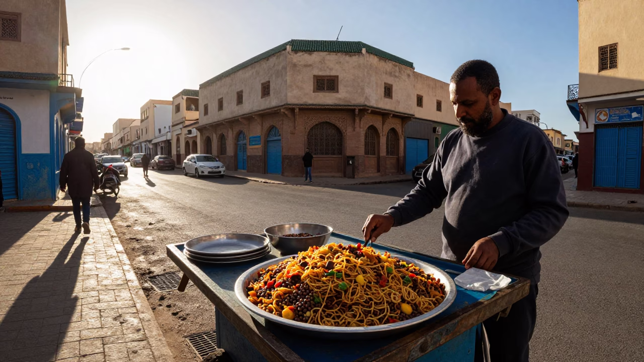 Casablanca Morocco Late Afternoon Street Scene with Koshari and Local Market Details in in Casablanca, Morocco