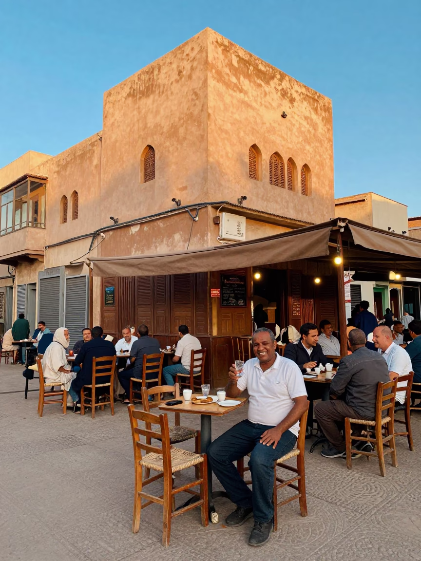 Casablanca Morocco Late Afternoon Street Scene with Local Dining and Architecture in in Casablanca, Morocco