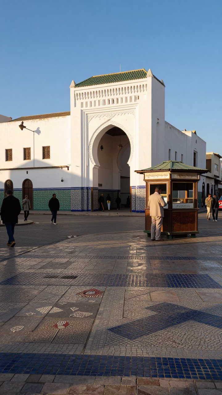 Casablanca Morocco Late Afternoon Street Scene with Mosaic Tile Fragments and Iron Roof Architecture in in Casablanca, Morocco