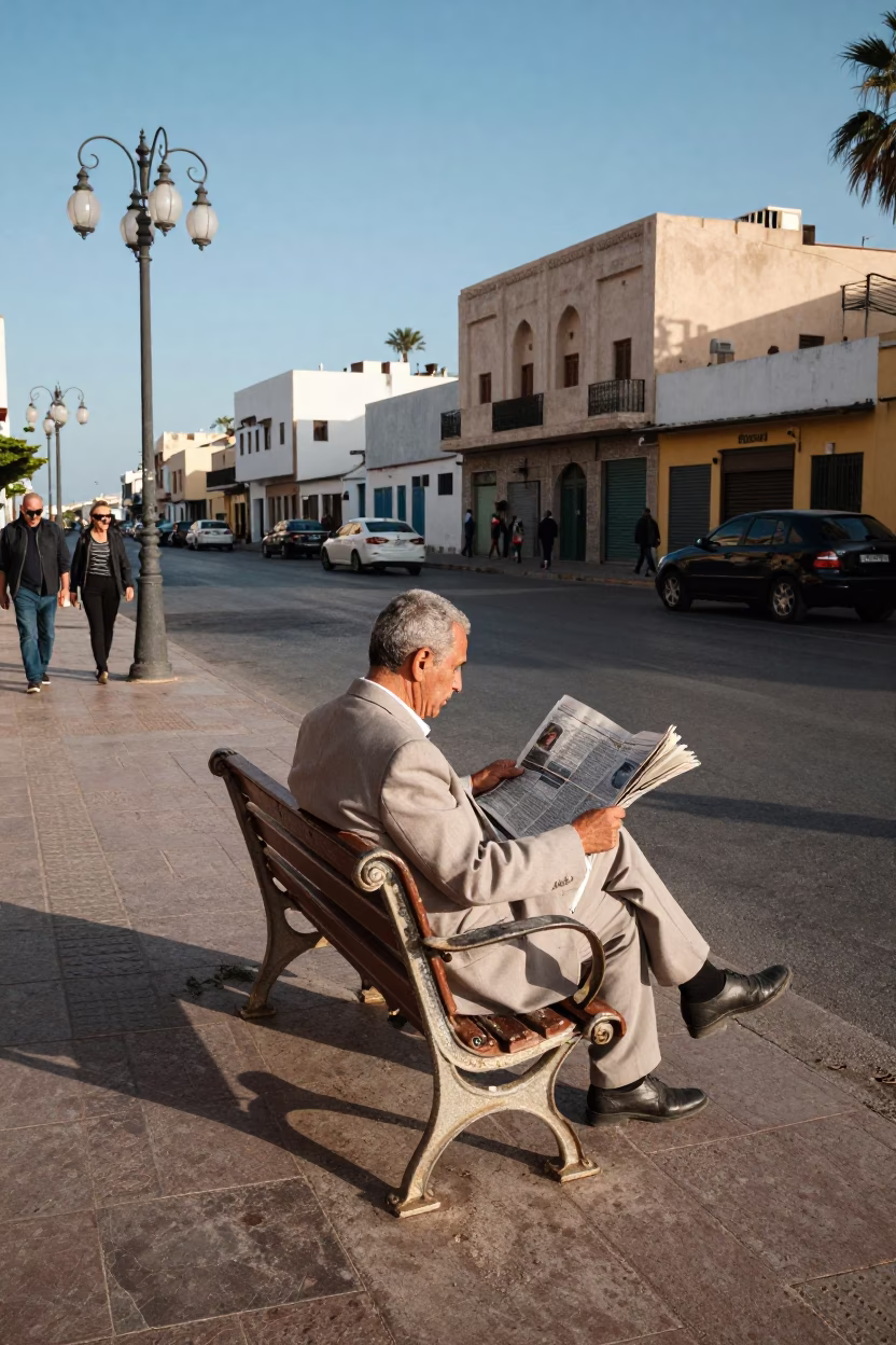 Casablanca Morocco Late Afternoon Street Scene with Park Bench and Local Life in in Casablanca, Morocco