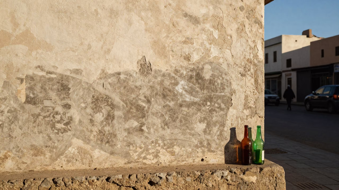 Casablanca Morocco Late Afternoon Street Scene with Smudged Wall and Colored Glass Bottle in in Casablanca, Morocco
