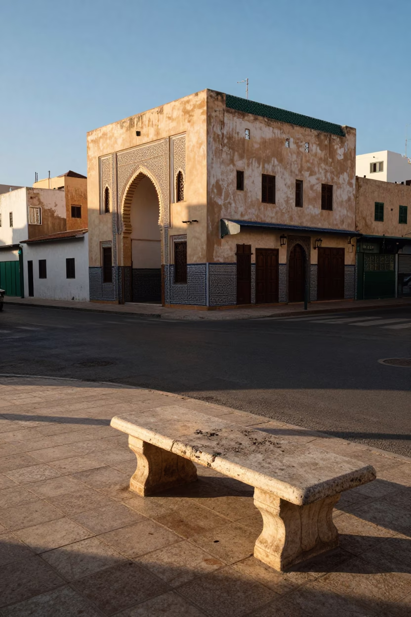 Casablanca Morocco Late Afternoon Street Scene with Stone Bench and Local Life in in Casablanca, Morocco