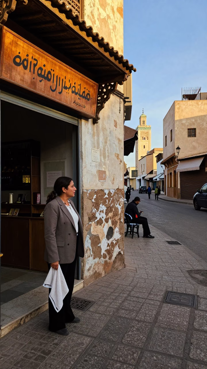 Casablanca Morocco Late Afternoon Street Scene with Tea Towel and Architectural Details in in Casablanca, Morocco