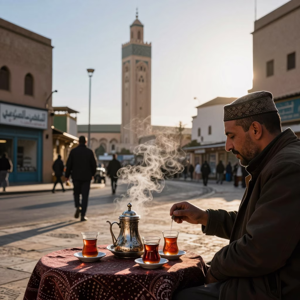 Casablanca Morocco Late Afternoon Street Scene with Traditional Tea Service in in Casablanca, Morocco