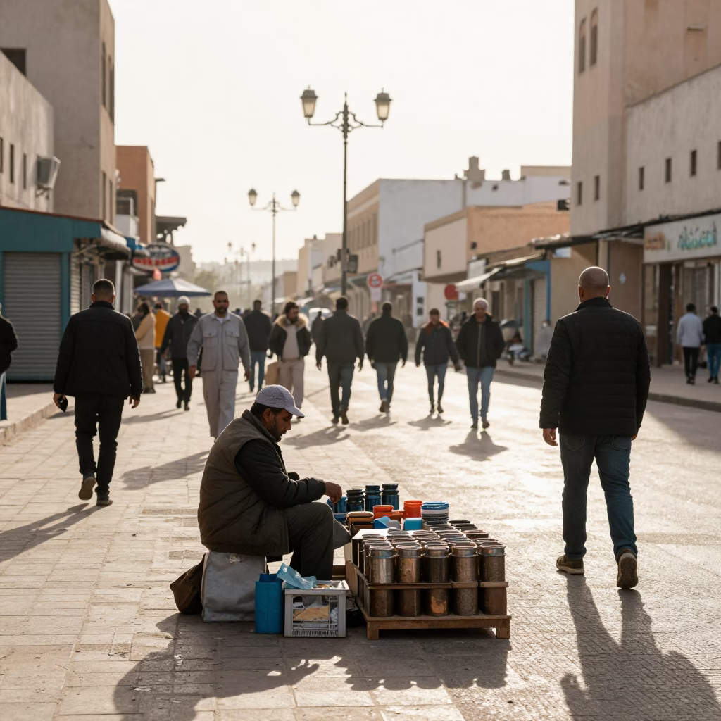 Casablanca Morocco Late Morning Street Scene with Local Vendor and Kitchen Stool in in Casablanca, Morocco