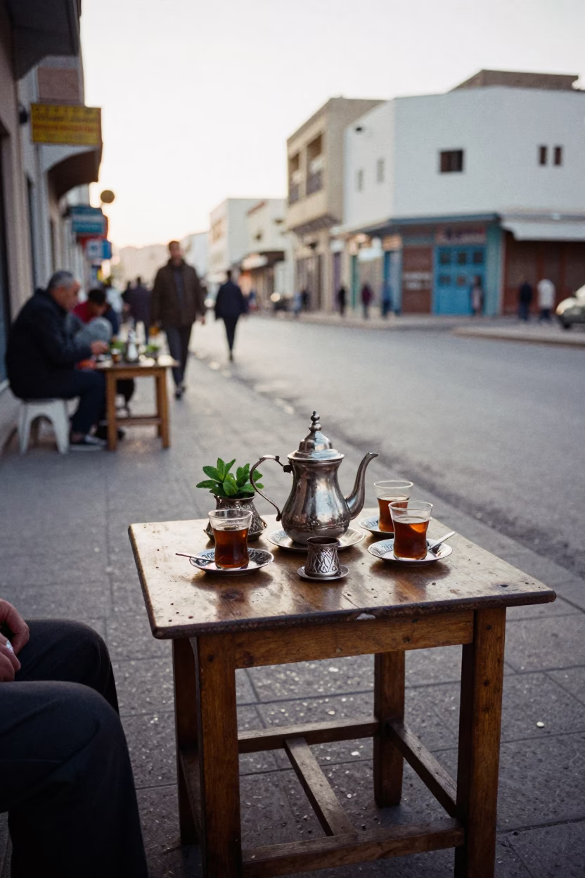 Casablanca Morocco Late Morning Street Scene with Traditional Coffee Service and Local Daily Life in in Casablanca, Morocco