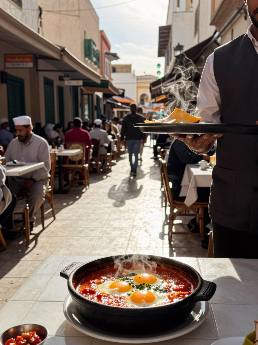Casablanca Morocco Late Morning Street Scene with Traditional Moroccan Food and Local Architecture in in Casablanca, Morocco