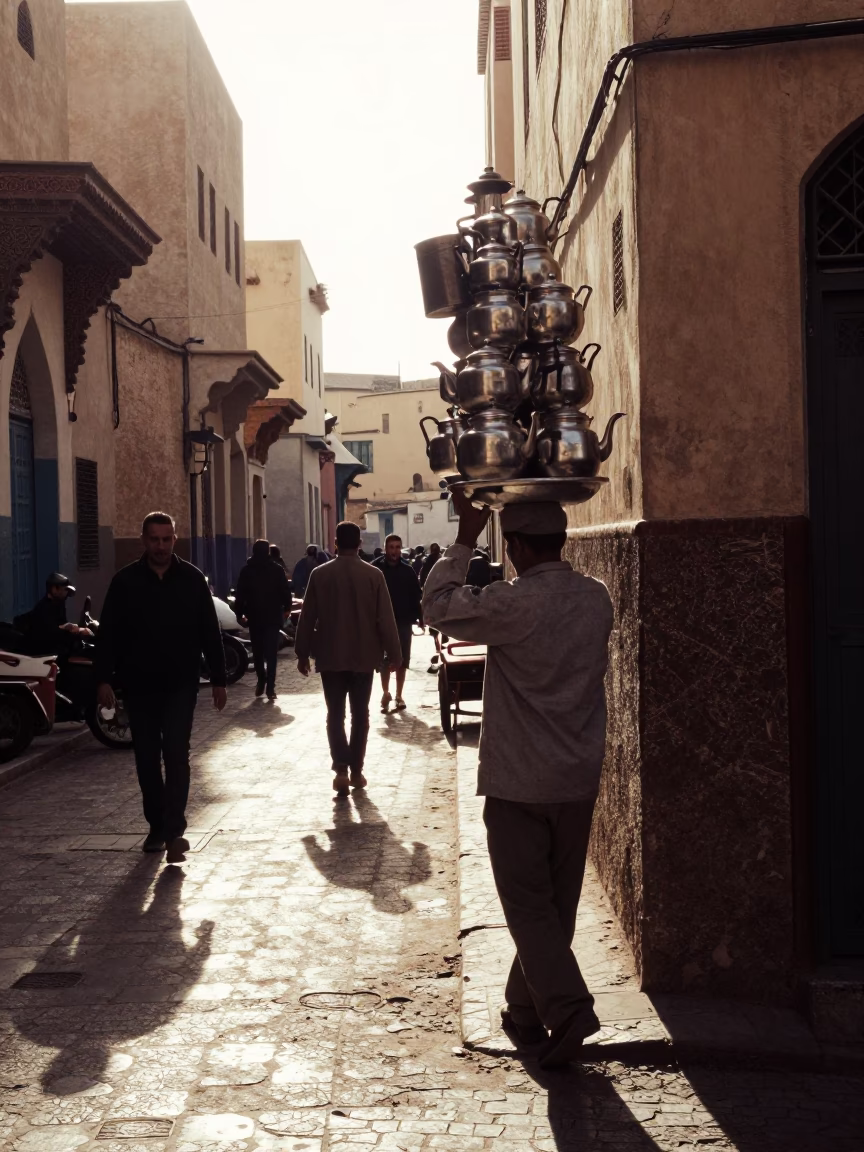 Casablanca Morocco Late Morning Street Scene with Traditional Tea Kettles and Local Market Activity in in Casablanca, Morocco