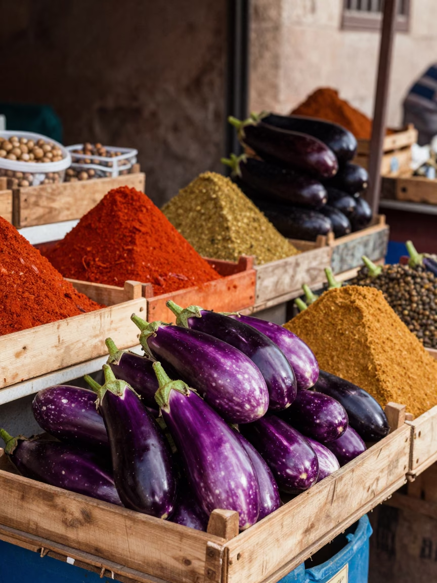 Casablanca Morocco Market Stall Display of Fresh Eggplants and Spices in Early Afternoon Light in in Casablanca, Morocco
