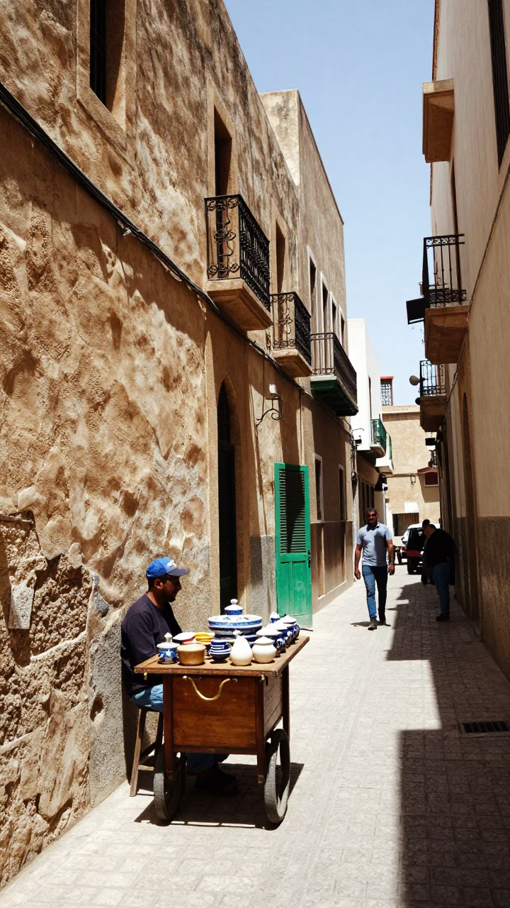 Casablanca Morocco Midday Street Scene with Brass Handle and Ceramic Plate in in Casablanca, Morocco