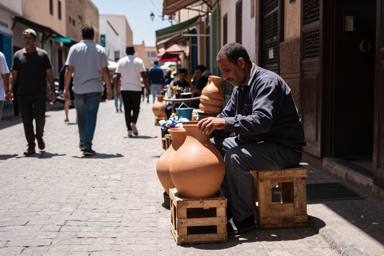 Casablanca Morocco Midday Street Scene with Clay Pot and Busy Market Activity in in Casablanca, Morocco