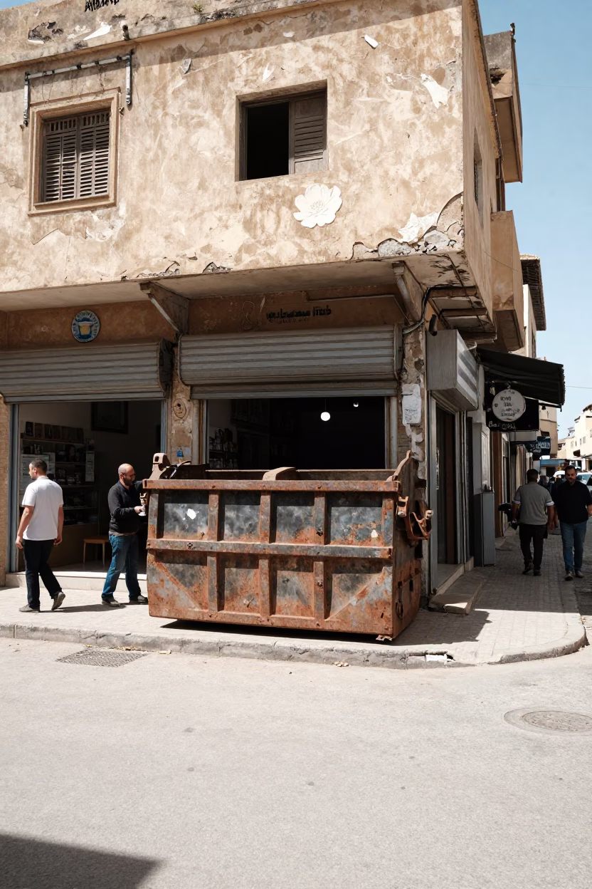 Casablanca Morocco Midday Street Scene with Demolition Dumpster and Tea Preparation in in Casablanca, Morocco