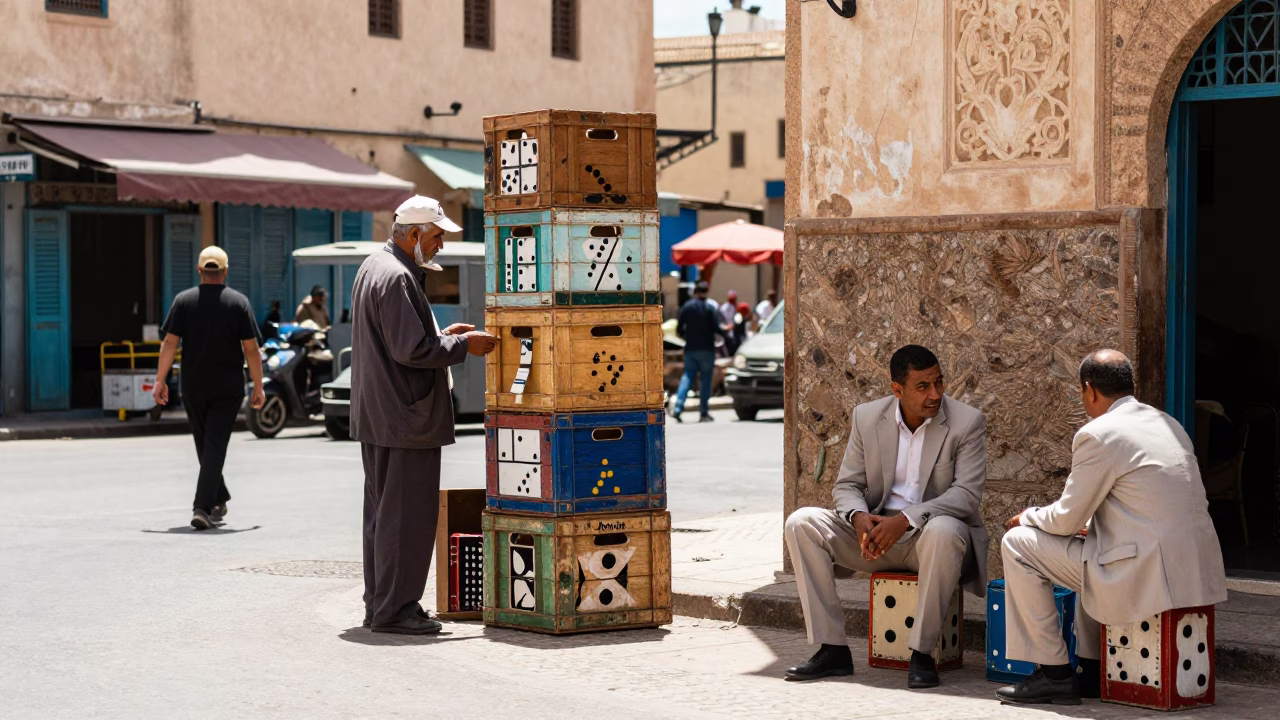 Casablanca Morocco midday street scene with painted crate and domino game in in Casablanca, Morocco