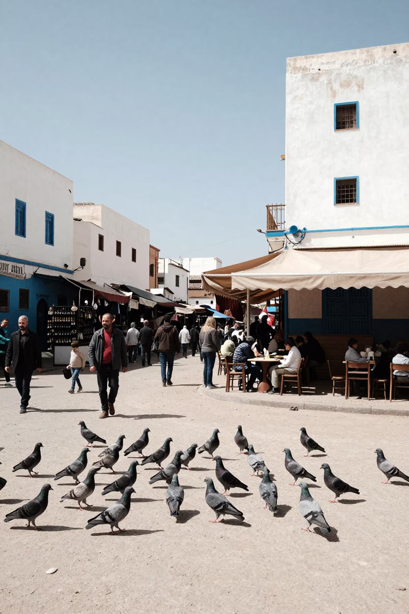 Casablanca Morocco Midday Street Scene with Pigeons and Local Market Activity in in Casablanca, Morocco
