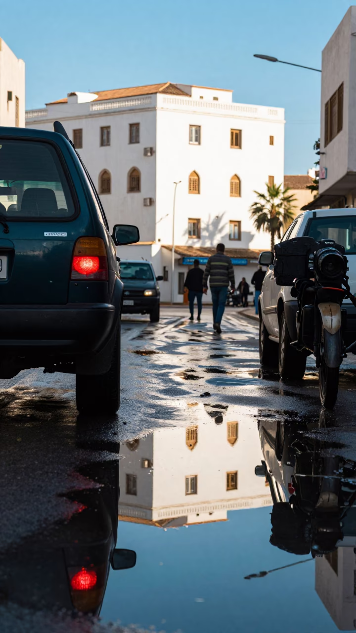 Casablanca Morocco Midday Street Scene with Puddle Reflection of Hotel Windows and Tail Lights in in Casablanca, Morocco