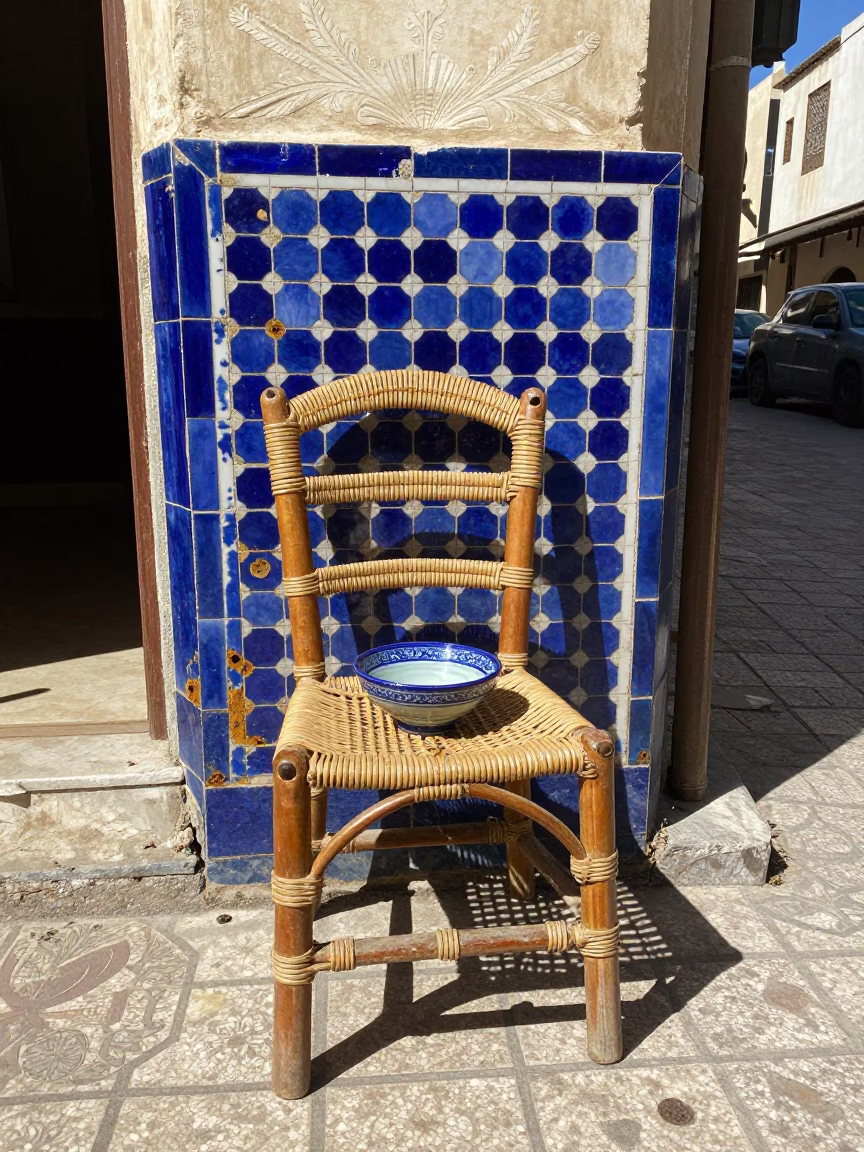 Casablanca Morocco Midday Street Scene with Rattan Chair and Glazed Ceramic Details in in Casablanca, Morocco