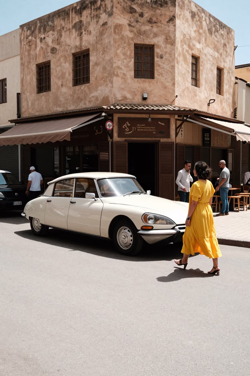 Casablanca Morocco Midday Street Scene with Vintage Car and Pedestrians in in Casablanca, Morocco