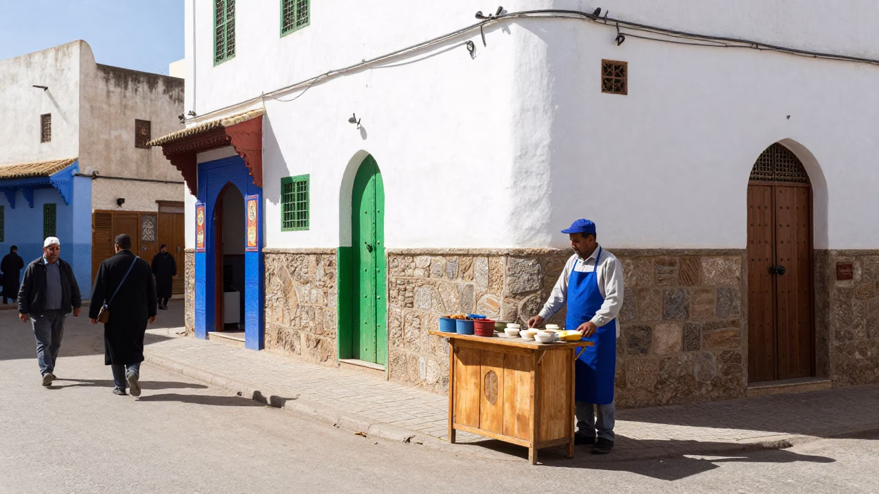 Casablanca Morocco Midmorning Street Scene with Aprons and Local Life in in Casablanca, Morocco