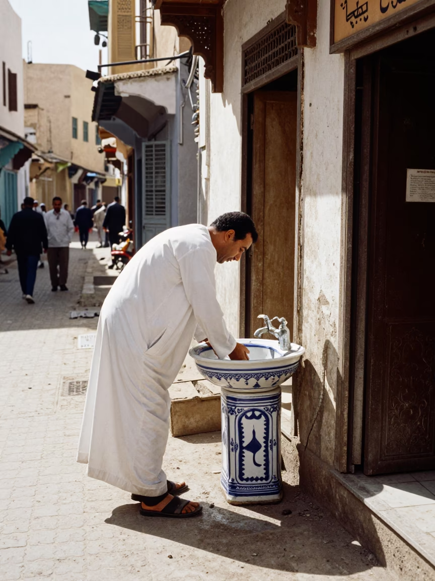 Casablanca Morocco Midmorning Street Scene with Traditional Washbasin and Local Interaction in in Casablanca, Morocco