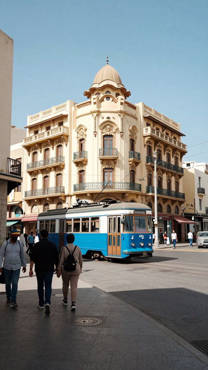 Casablanca Morocco midmorning street scene with tram passing Art Nouveau architecture in in Casablanca, Morocco