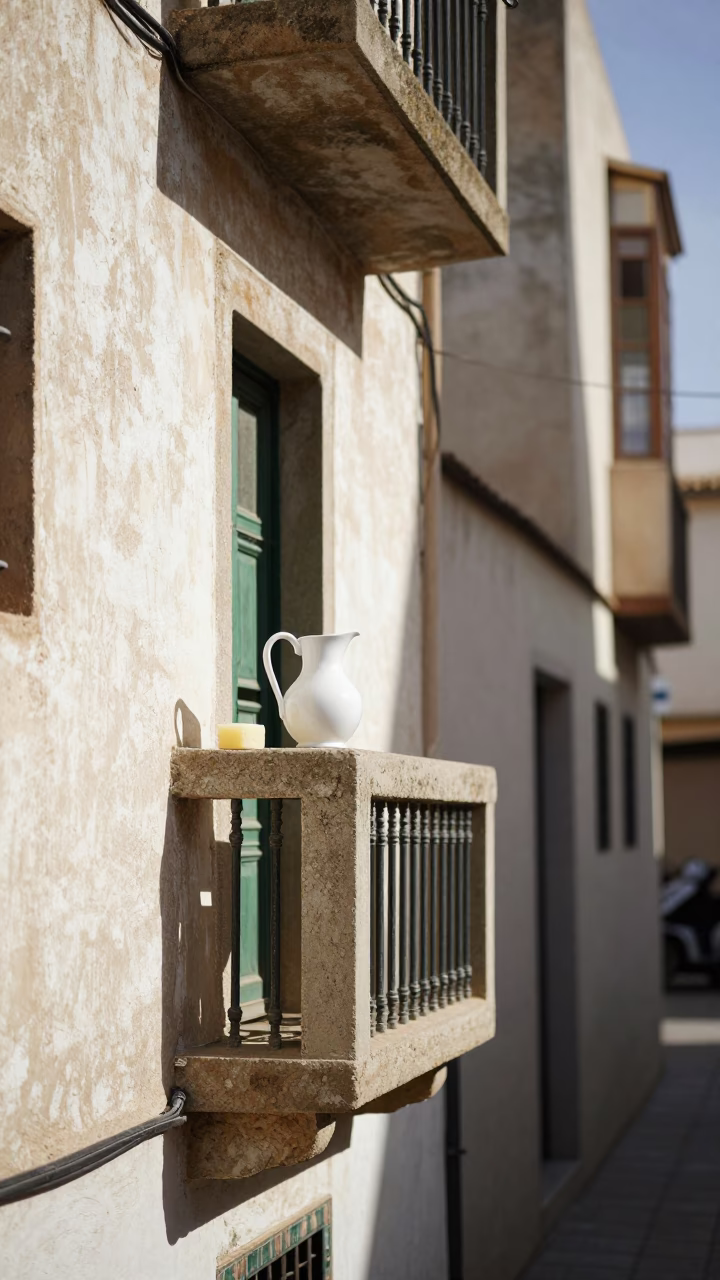 Casablanca Morocco Midmorning Street Scene with White Pitcher and Soap Bottle on Balcony in in Casablanca, Morocco