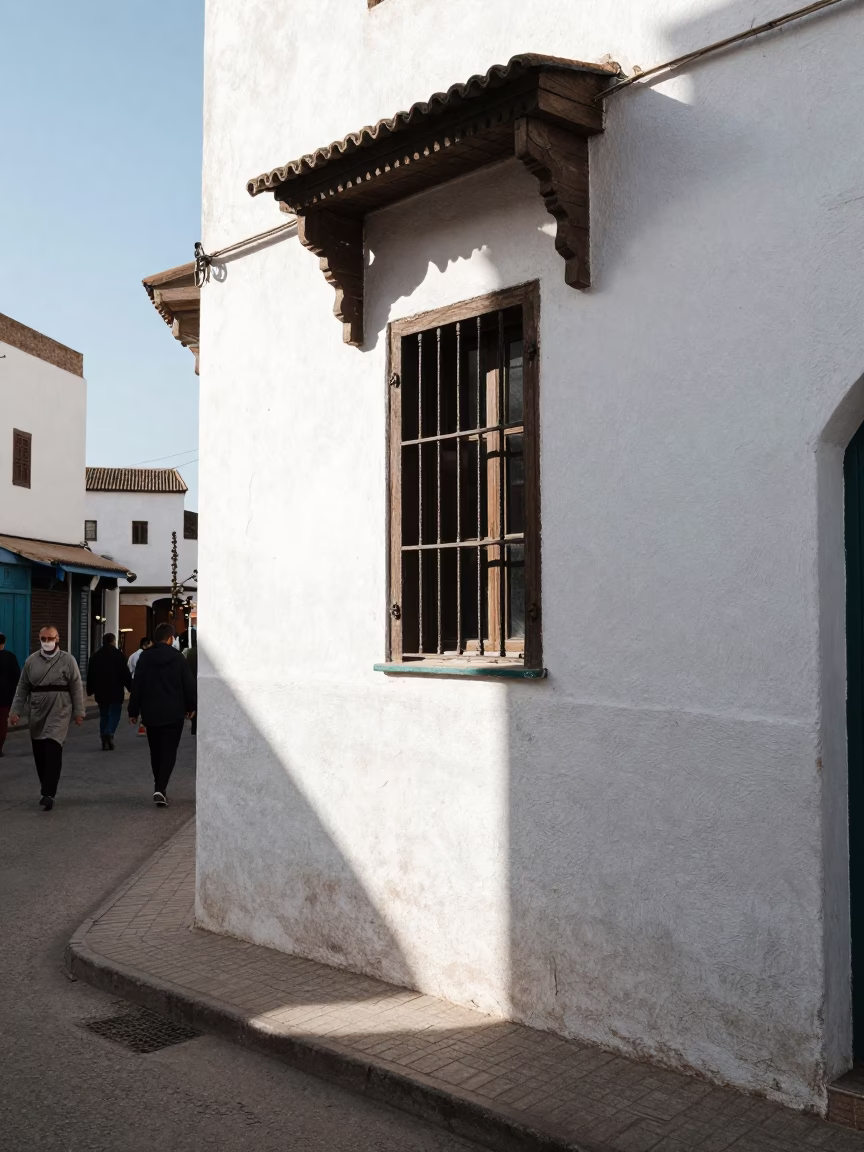 Casablanca Morocco Midmorning Street Scene with Window Light and Iron Deadbolt Detail in in Casablanca, Morocco