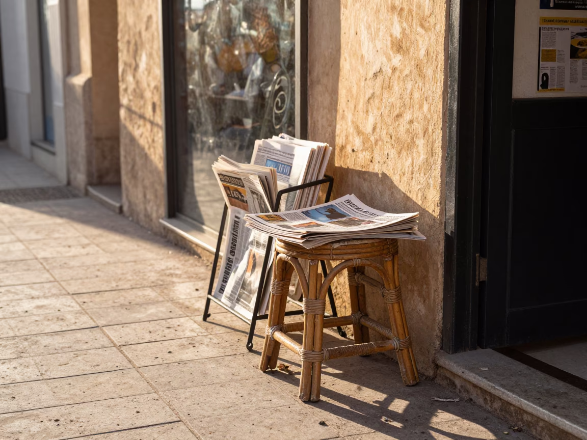 Casablanca Morocco Morning Street Scene with Rattan Stool and Magazine Rack in in Casablanca, Morocco