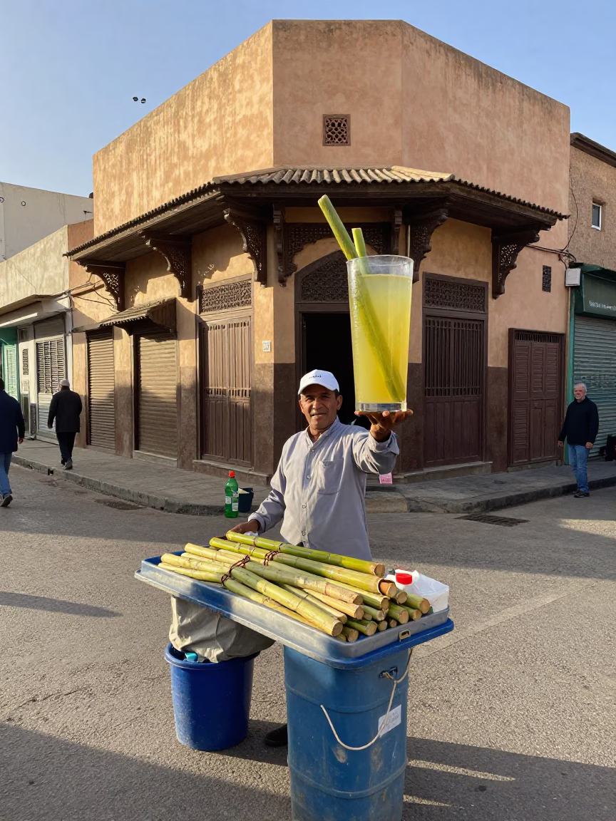 Casablanca Morocco Morning Street Scene with Sugarcane Juice Vendor and Local Customers in in Casablanca, Morocco