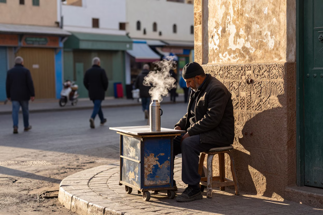 Casablanca Morocco Morning Street Scene with Thermos and Work Stool After Sunrise in in Casablanca, Morocco
