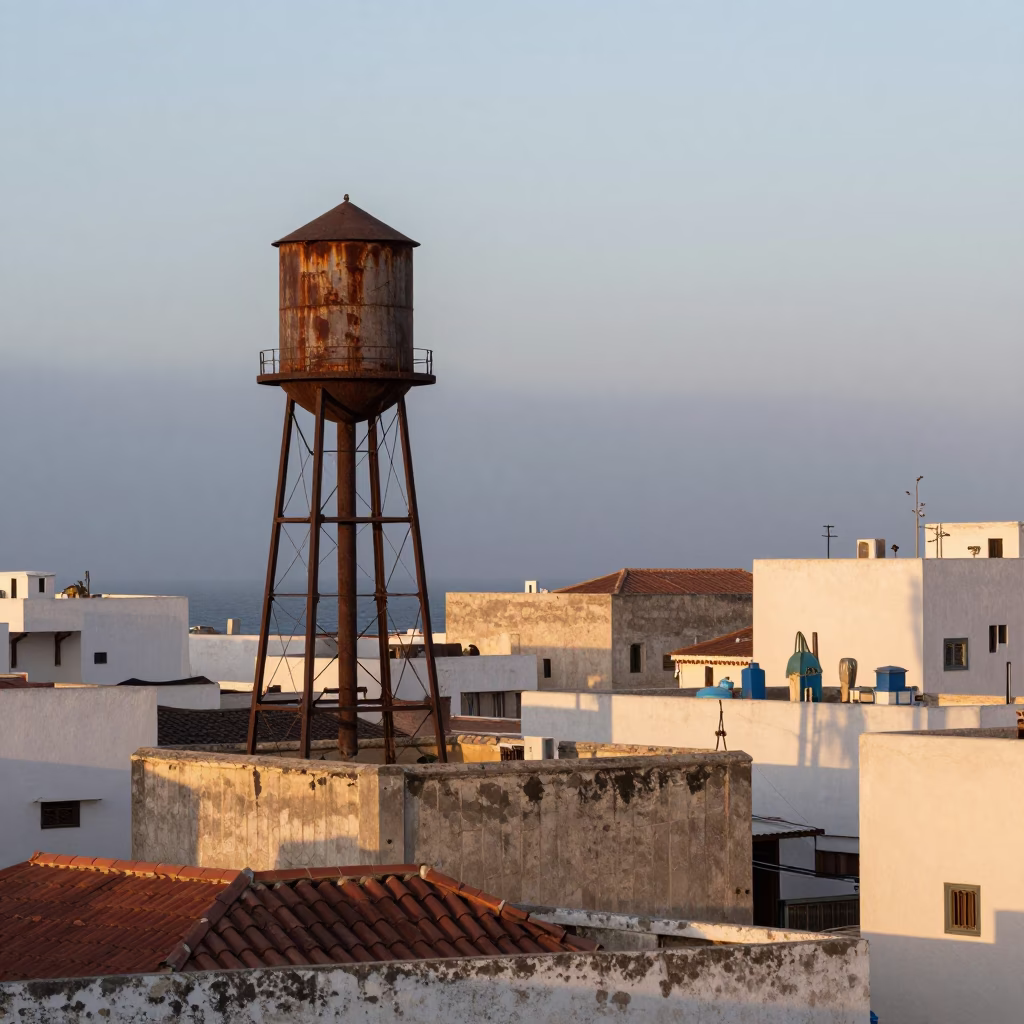 Casablanca Morocco Nautical Dawn Rooftop Water Tower and Coastal Mist Before Sunrise in in Casablanca, Morocco