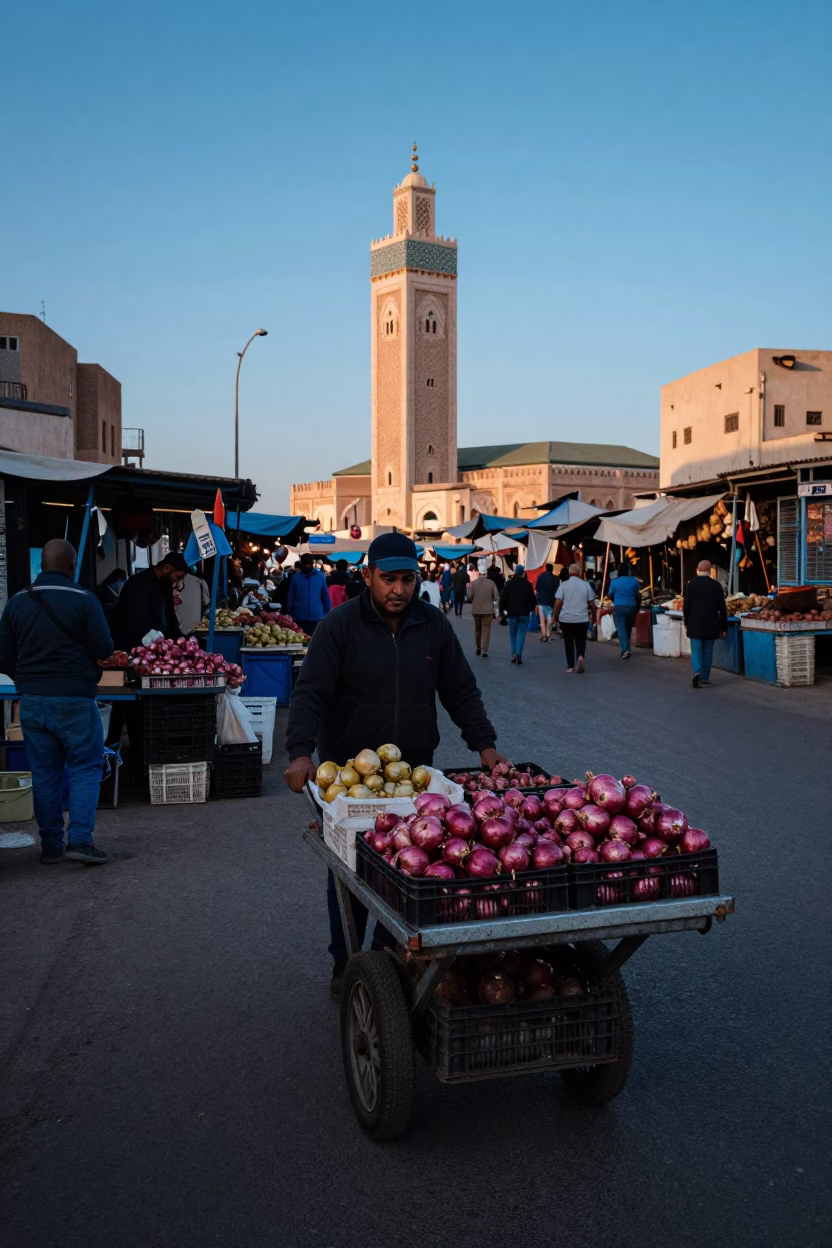 Casablanca Morocco Nautical Dawn Street Market Rolling Carts and Fresh Onions in in Casablanca, Morocco