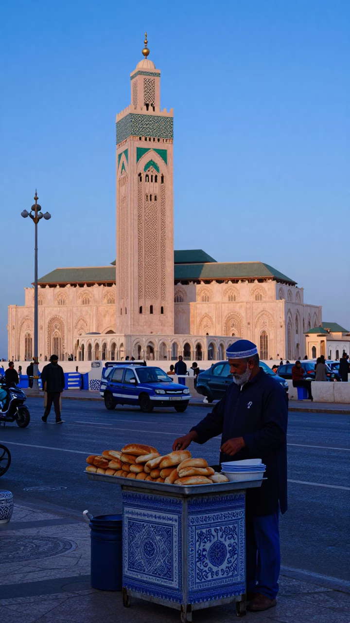 Casablanca Morocco Nautical Dawn Street Scene with Blue Porcelain and Wicker Shadows in in Casablanca, Morocco