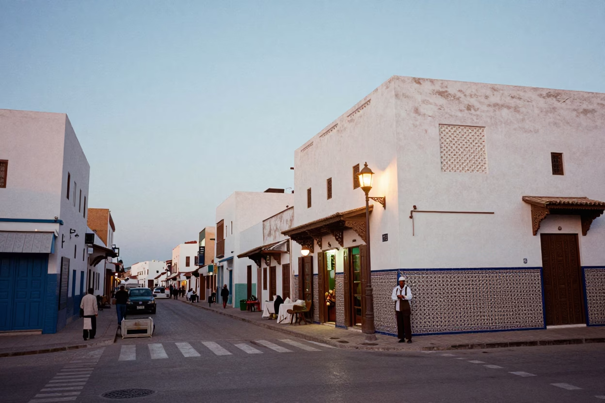 Casablanca Morocco Nautical Dawn Street Scene with Lantern Light and Architectural Details in in Casablanca, Morocco