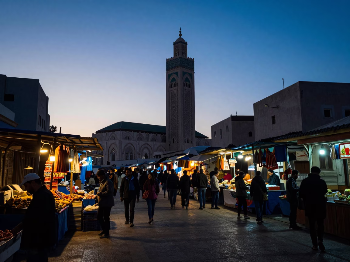 Casablanca Morocco Nautical Dawn Street Scene with Local Market Activity in in Casablanca, Morocco