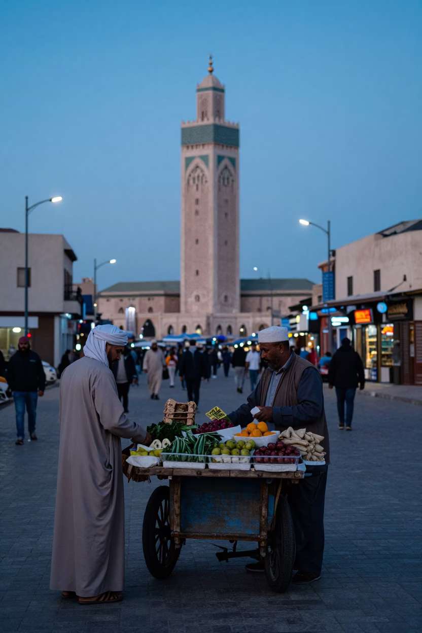 Casablanca Morocco Nautical Dawn Street Scene with Local Vendor and Traditional Linen Details in in Casablanca, Morocco