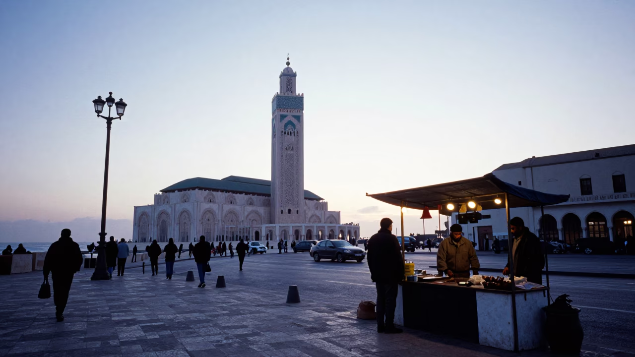 Casablanca Morocco Nautical Dawn Street Scene with Local Vendor and Urban Architecture in in Casablanca, Morocco