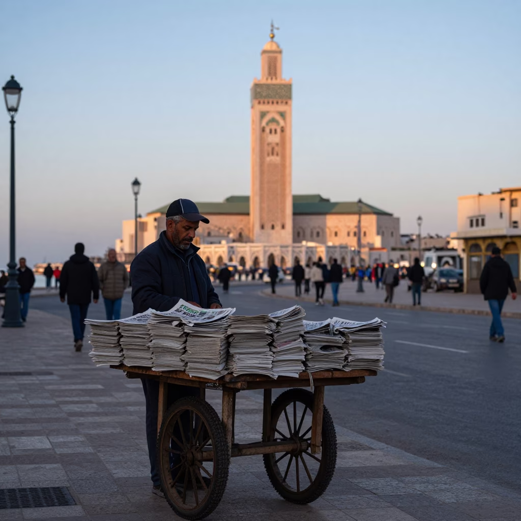 Casablanca Morocco Nautical Dawn Street Scene with Newspaper Stack and Local Commerce in in Casablanca, Morocco