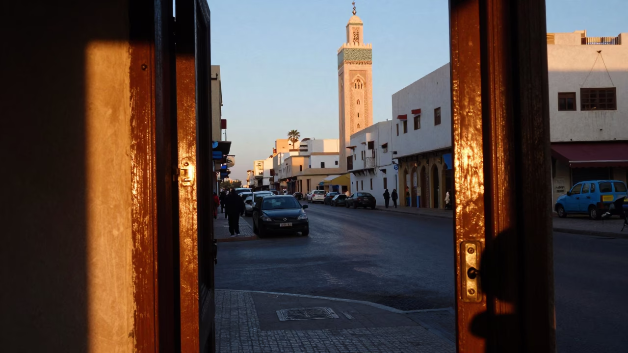 Casablanca Morocco Nautical Dawn Street Scene with Nickel Latch and Hinge Details in in Casablanca, Morocco