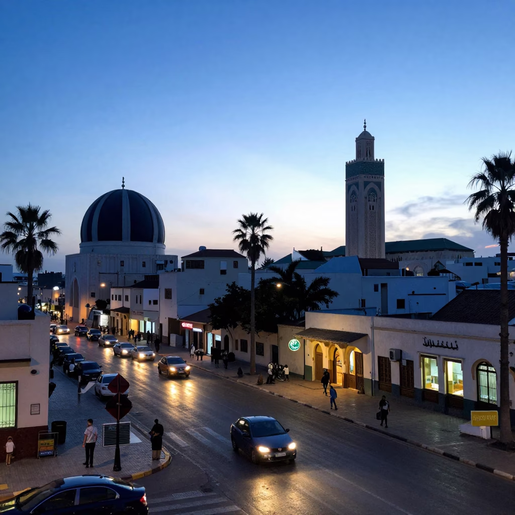 Casablanca Morocco Nautical Dawn Street Scene with Observatory Dome Silhouette in in Casablanca, Morocco