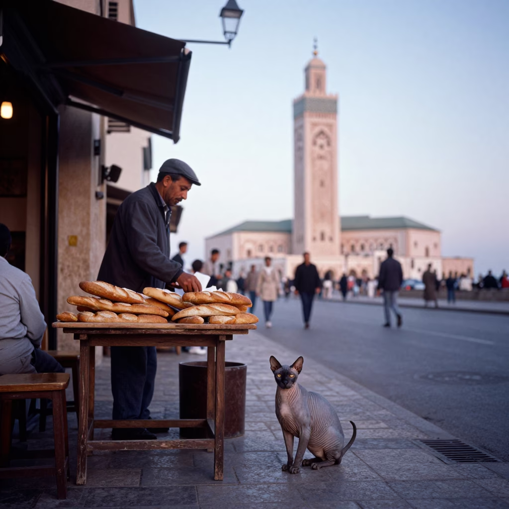 Casablanca Morocco Nautical Dawn Street Scene with Sphynx Cat and Local Vendor in in Casablanca, Morocco