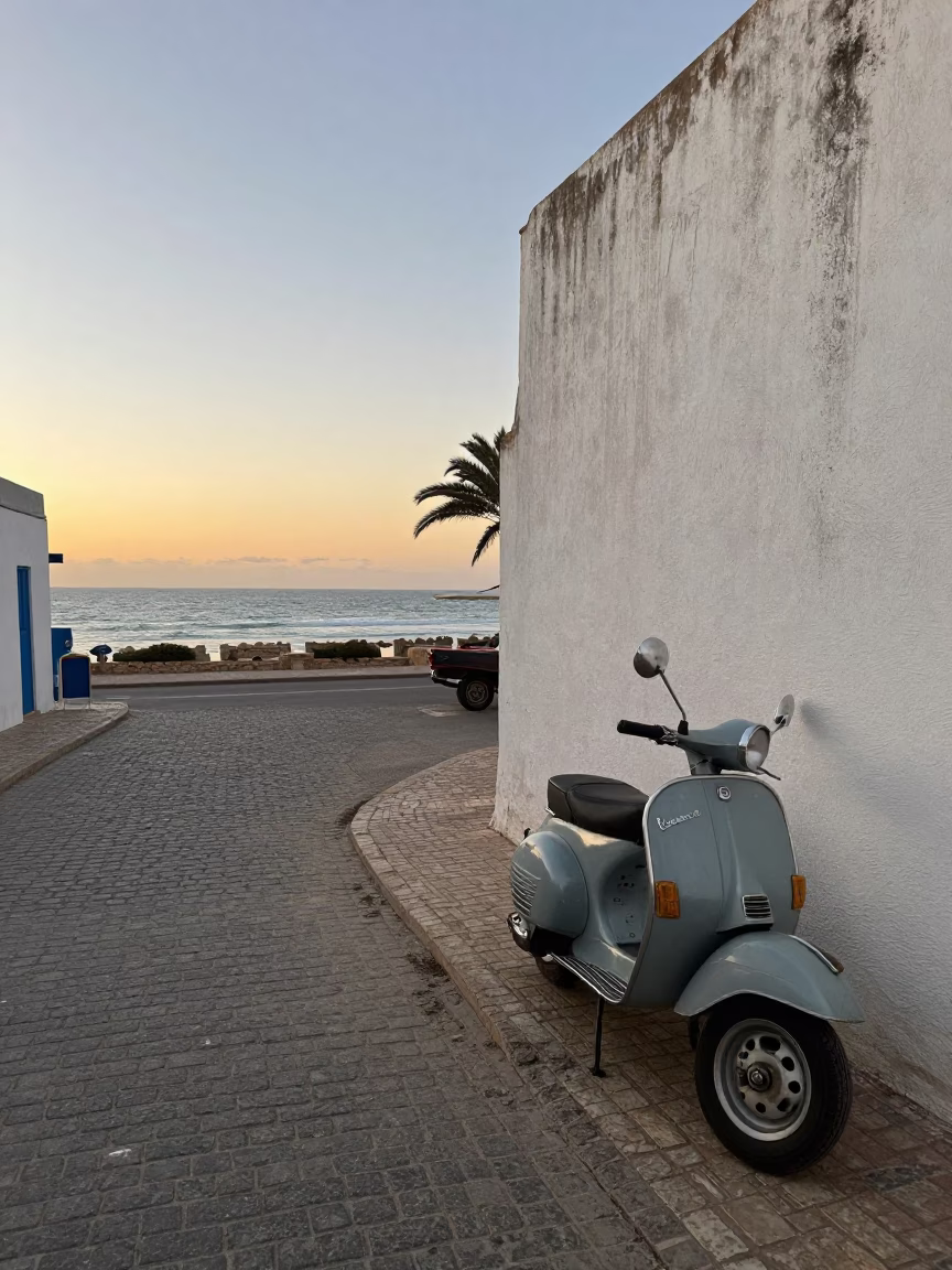 Casablanca Morocco Nautical Dawn Street Scene with Vintage Vespa and Local Life in in Casablanca, Morocco