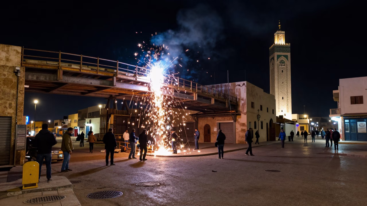 Casablanca Morocco Night Street Scene Under Deep Sky with Welding Sparks in in Casablanca, Morocco