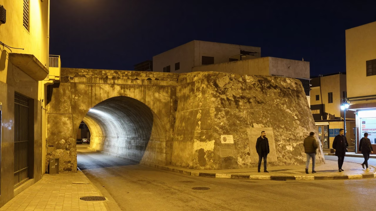Casablanca Morocco Night Street Scene with Fresh Concrete Tunnel Retaining Wall and Local Interaction in in Casablanca, Morocco